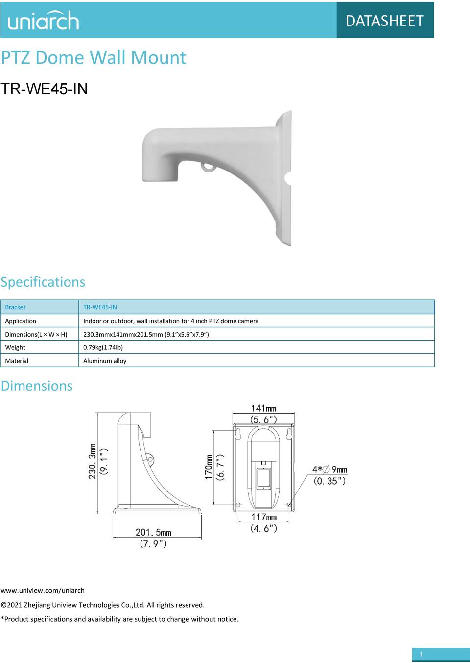 Uniarch TR-WE45-IN PTZ Wall Mount Bracket 0